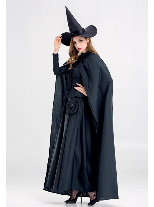 Black Pointed Hat Long Cloak Long Dress Halloween Demon Vampire Witch Set