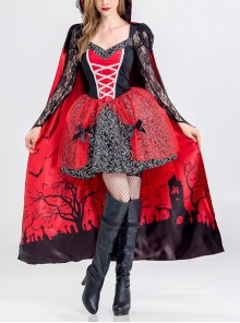 Low Collar Hollow Out Long Sleeve Black-red Lace Bow Short Dress Halloween Witch Vampire Demon Costume Female