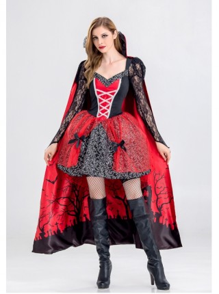 Low Collar Hollow Out Long Sleeve Black-red Lace Bow Short Dress Halloween Witch Vampire Demon Costume Female