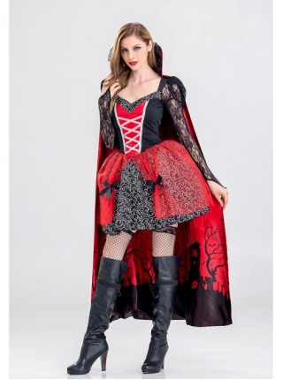 Low Collar Hollow Out Long Sleeve Black-red Lace Bow Short Dress Halloween Witch Vampire Demon Costume Female