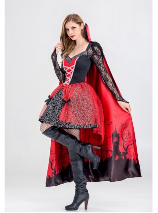 Low Collar Hollow Out Long Sleeve Black-red Lace Bow Short Dress Halloween Witch Vampire Demon Costume Female