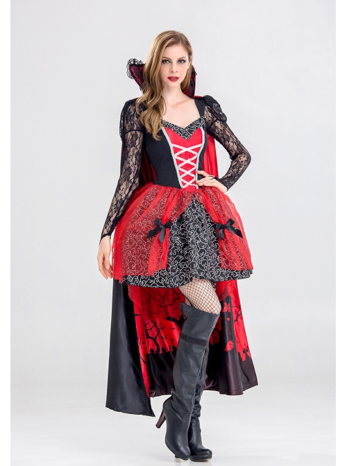 Low Collar Hollow Out Long Sleeve Black-red Lace Bow Short Dress Halloween Witch Vampire Demon Costume Female