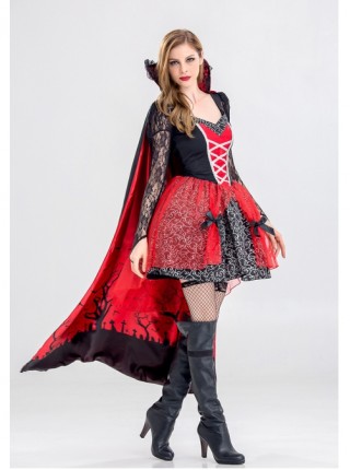 Low Collar Hollow Out Long Sleeve Black-red Lace Bow Short Dress Halloween Witch Vampire Demon Costume Female