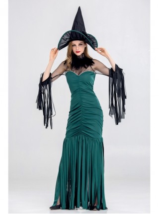 Pointed Hat Dark Green Sleeveless Slim Fit Shirring Mesh Ribbon Long Dress Halloween Witch Costume Female