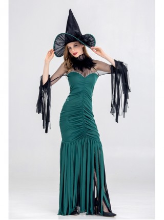 Pointed Hat Dark Green Sleeveless Slim Fit Shirring Mesh Ribbon Long Dress Halloween Witch Costume Female