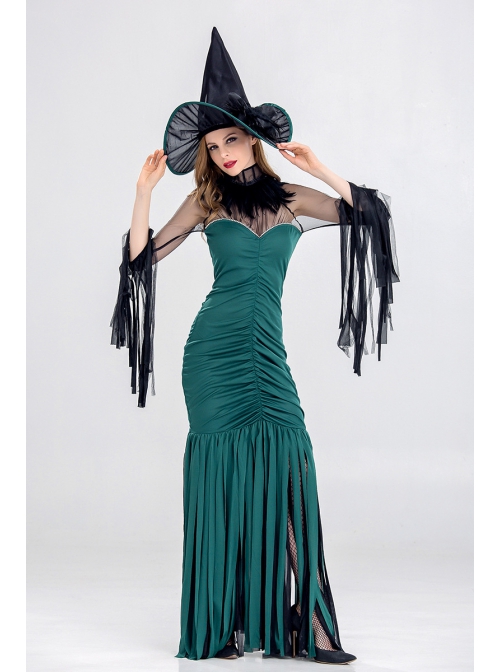 Pointed Hat Dark Green Sleeveless Slim Fit Shirring Mesh Ribbon Long Dress Halloween Witch Costume Female