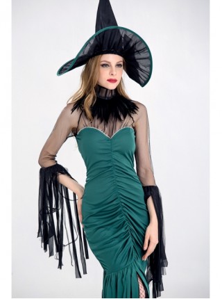 Pointed Hat Dark Green Sleeveless Slim Fit Shirring Mesh Ribbon Long Dress Halloween Witch Costume Female