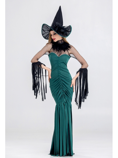 Pointed Hat Dark Green Sleeveless Slim Fit Shirring Mesh Ribbon Long Dress Halloween Witch Costume Female