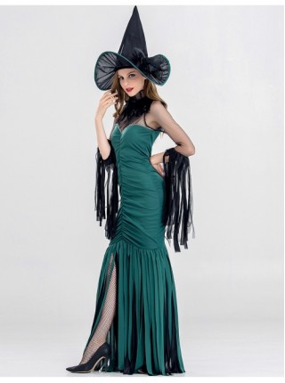 Pointed Hat Dark Green Sleeveless Slim Fit Shirring Mesh Ribbon Long Dress Halloween Witch Costume Female