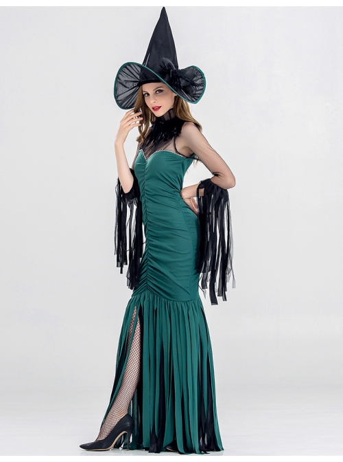 Pointed Hat Dark Green Sleeveless Slim Fit Shirring Mesh Ribbon Long Dress Halloween Witch Costume Female