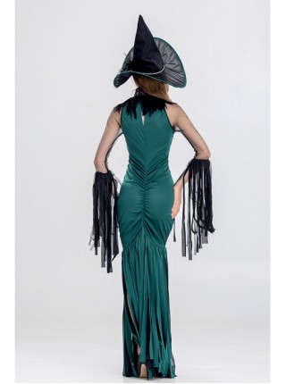 Pointed Hat Dark Green Sleeveless Slim Fit Shirring Mesh Ribbon Long Dress Halloween Witch Costume Female