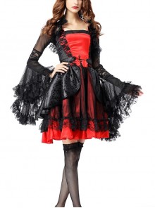 Delicate Elegant Black Lace Hem Red Short Dress Black Coat Halloween Witch Noble Vampire Suit Female