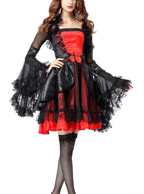 Delicate Elegant Black Lace Hem Red Short Dress Black Coat Halloween Witch Noble Vampire Suit Female