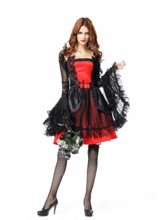 Delicate Elegant Black Lace Hem Red Short Dress Black Coat Halloween Witch Noble Vampire Suit Female