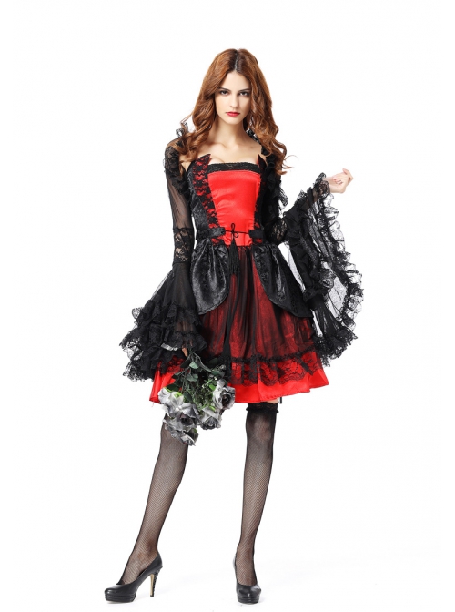 Delicate Elegant Black Lace Hem Red Short Dress Black Coat Halloween Witch Noble Vampire Suit Female