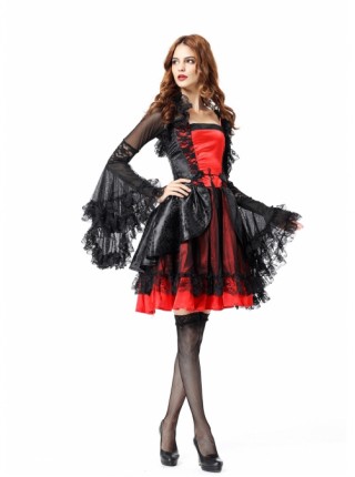 Delicate Elegant Black Lace Hem Red Short Dress Black Coat Halloween Witch Noble Vampire Suit Female