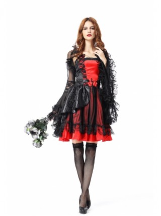 Delicate Elegant Black Lace Hem Red Short Dress Black Coat Halloween Witch Noble Vampire Suit Female