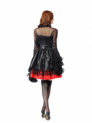 Delicate Elegant Black Lace Hem Red Short Dress Black Coat Halloween Witch Noble Vampire Suit Female