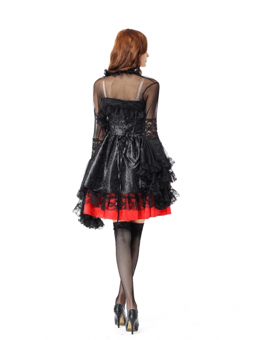 Delicate Elegant Black Lace Hem Red Short Dress Black Coat Halloween Witch Noble Vampire Suit Female