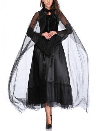 Hell Punk Style Black Sleeveless Lace Bow Long Dress With Cloak Hat Halloween Demon Vampire Witch Costume Female