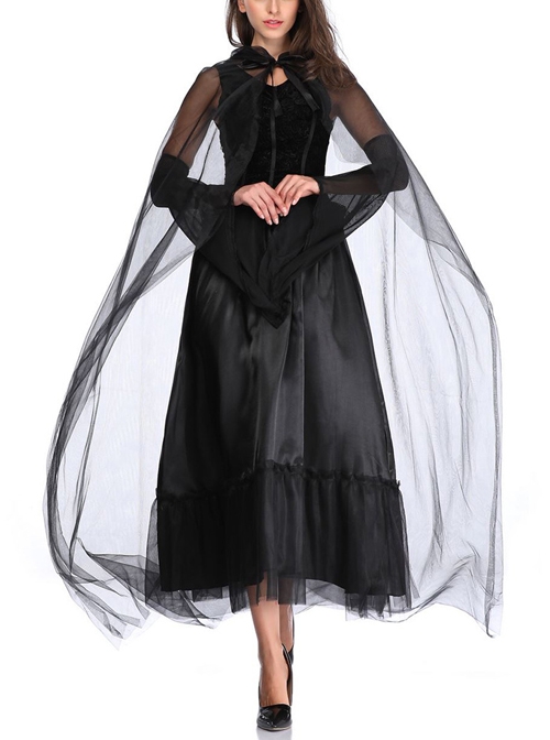 Hell Punk Style Black Sleeveless Lace Bow Long Dress With Cloak Hat Halloween Demon Vampire Witch Costume Female