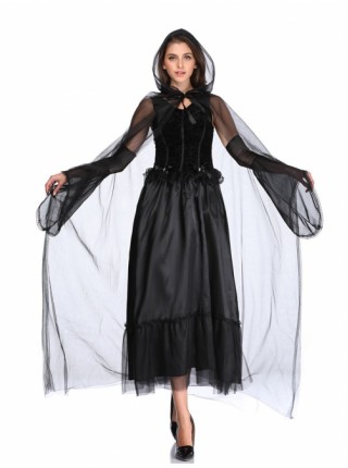 Hell Punk Style Black Sleeveless Lace Bow Long Dress With Cloak Hat Halloween Demon Vampire Witch Costume Female