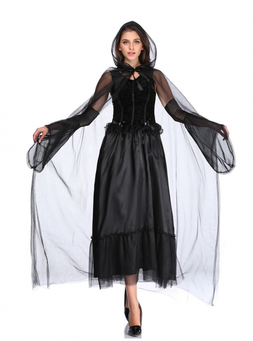 Hell Punk Style Black Sleeveless Lace Bow Long Dress With Cloak Hat Halloween Demon Vampire Witch Costume Female