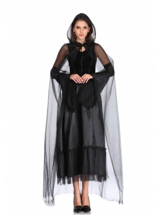 Hell Punk Style Black Sleeveless Lace Bow Long Dress With Cloak Hat Halloween Demon Vampire Witch Costume Female