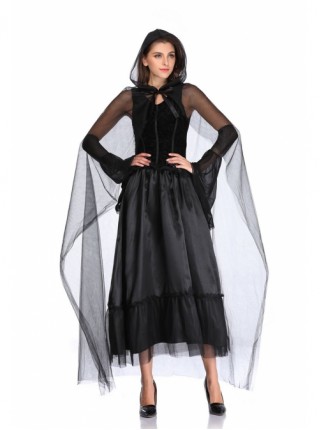 Hell Punk Style Black Sleeveless Lace Bow Long Dress With Cloak Hat Halloween Demon Vampire Witch Costume Female