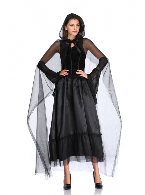 Hell Punk Style Black Sleeveless Lace Bow Long Dress With Cloak Hat Halloween Demon Vampire Witch Costume Female