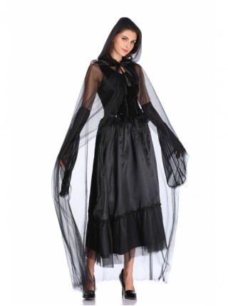 Hell Punk Style Black Sleeveless Lace Bow Long Dress With Cloak Hat Halloween Demon Vampire Witch Costume Female