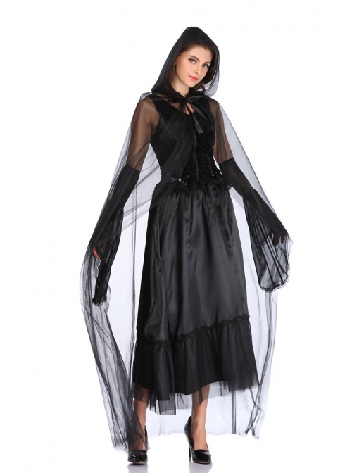 Hell Punk Style Black Sleeveless Lace Bow Long Dress With Cloak Hat Halloween Demon Vampire Witch Costume Female