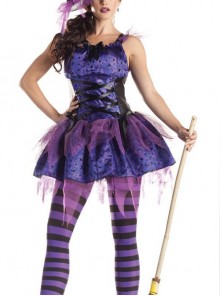 Grape Purple Sleeveless Lace Bow Short Dress Halloween Dark Witch Queen Costume Female