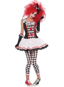 Classic Diamond Pattern Black-white-red U-shape Collar Sleeveless Lace Short Dress Halloween Circus Clown Set Female