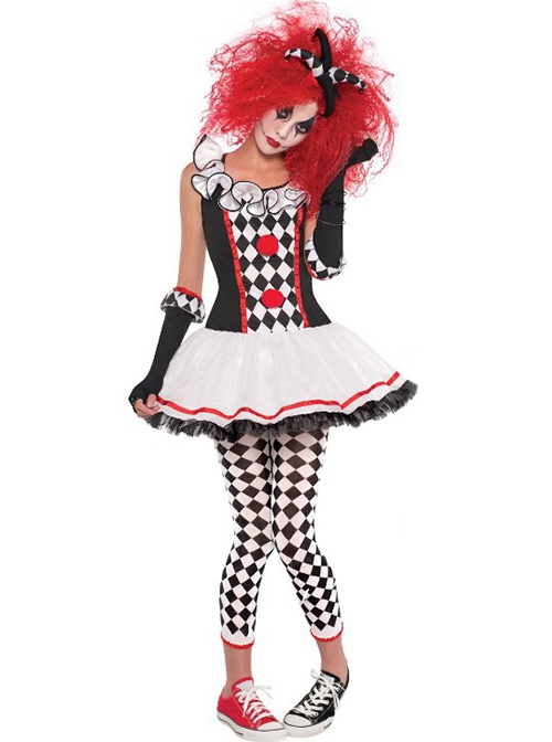 Classic Diamond Pattern Black-white-red U-shape Collar Sleeveless Lace Short Dress Halloween Circus Clown Set Female