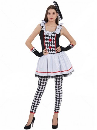 Classic Diamond Pattern Black-white-red U-shape Collar Sleeveless Lace Short Dress Halloween Circus Clown Set Female