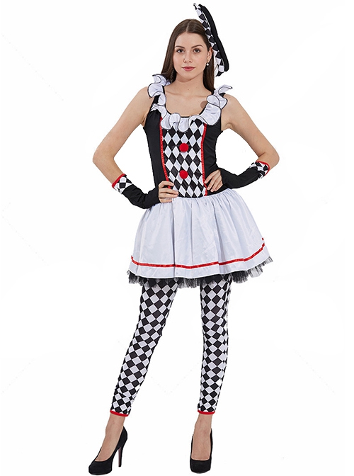 Classic Diamond Pattern Black-white-red U-shape Collar Sleeveless Lace Short Dress Halloween Circus Clown Set Female