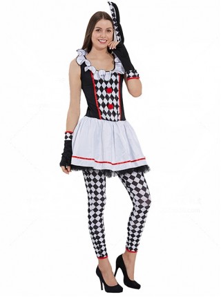 Classic Diamond Pattern Black-white-red U-shape Collar Sleeveless Lace Short Dress Halloween Circus Clown Set Female