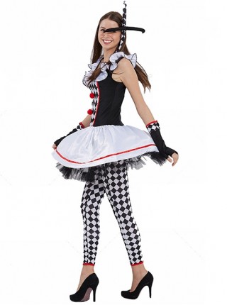 Classic Diamond Pattern Black-white-red U-shape Collar Sleeveless Lace Short Dress Halloween Circus Clown Set Female