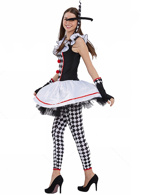 Classic Diamond Pattern Black-white-red U-shape Collar Sleeveless Lace Short Dress Halloween Circus Clown Set Female