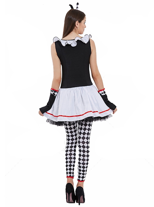 Classic Diamond Pattern Black-white-red U-shape Collar Sleeveless Lace Short Dress Halloween Circus Clown Set Female