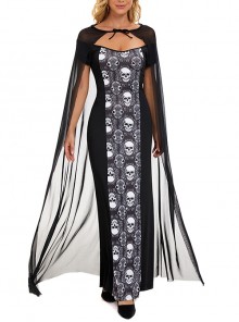 Black Mesh Cloak Boat Collar Skeleton Printed Slim Long Dress Set Halloween Demon Vampire Witch Costume Female
