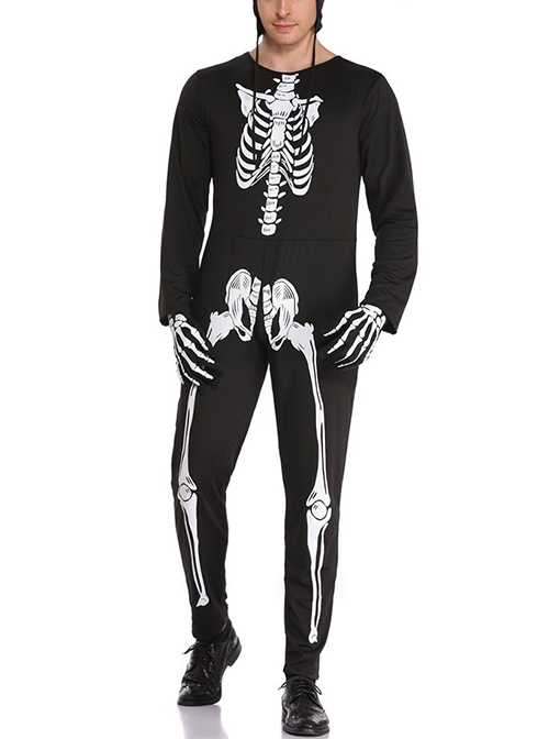 Skeleton Pattern Black Bodysuit Gloves Hat 3 Piece Set Halloween Devil Vampire Costume Male