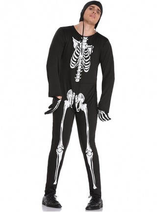 Skeleton Pattern Black Bodysuit Gloves Hat 3 Piece Set Halloween Devil Vampire Costume Male