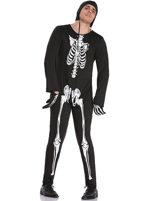 Skeleton Pattern Black Bodysuit Gloves Hat 3 Piece Set Halloween Devil Vampire Costume Male