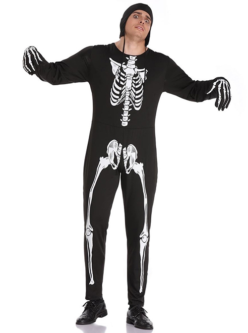 Skeleton Pattern Black Bodysuit Gloves Hat 3 Piece Set Halloween Devil Vampire Costume Male