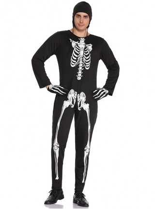 Skeleton Pattern Black Bodysuit Gloves Hat 3 Piece Set Halloween Devil Vampire Costume Male