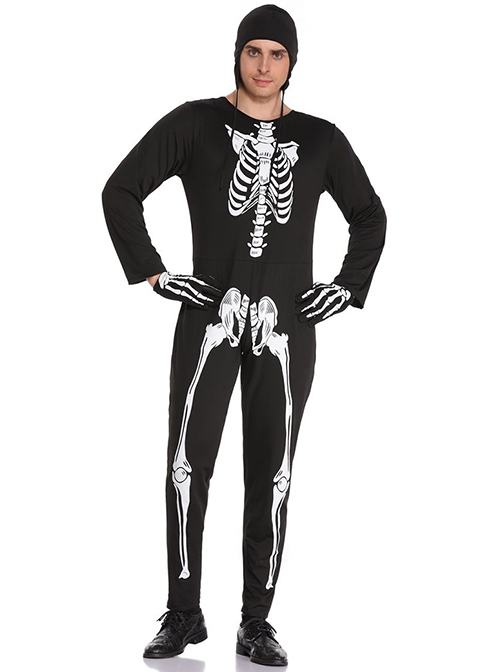 Skeleton Pattern Black Bodysuit Gloves Hat 3 Piece Set Halloween Devil Vampire Costume Male