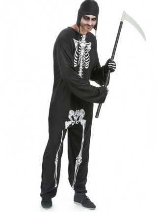 Skeleton Pattern Black Bodysuit Gloves Hat 3 Piece Set Halloween Devil Vampire Costume Male