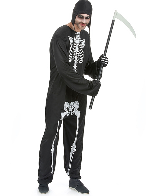 Skeleton Pattern Black Bodysuit Gloves Hat 3 Piece Set Halloween Devil Vampire Costume Male